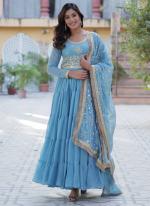 Georgette Sky Blue Festival Wear Embroidery Work Readymade Gown With Dupatta